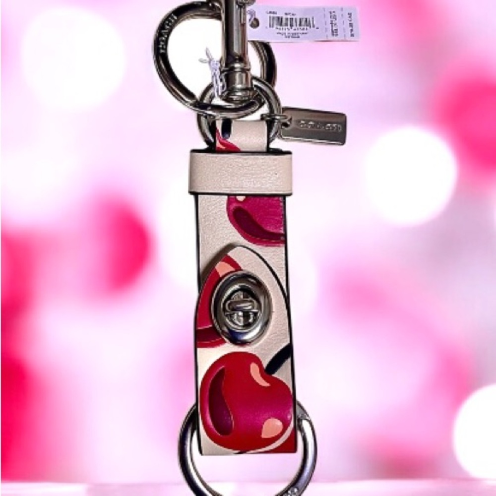Coach Leather Bag Charm/valet turn lock/double Key Holder Cherry print NEWw/tags - Picture 6 of 9